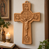 Hand-Carved Beechwood Saint Benedict Protection Crucifix – Christian Wall Cross