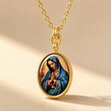 Our Lady of Guadalupe Gold-Tone Oval Pendant Necklace – Double-Sided Virgin Mary Christian Jewelry