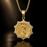 Gold Octagonal Star CZ Our Lady of Guadalupe Necklace, 3D Embossed Radiant Titanium Steel Religious Pendant Box Chain for Men