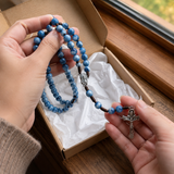 Hand Woven Holy Trinity Crucifix Mary Holy Medal Blue Rosary - craftsmanship detail