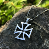 Men's Hollow Maltese Cross Stainless Steel Necklace, Vintage Knight Pendant Box Chain For Men
