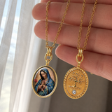 Our Lady of Guadalupe Gold-Tone Oval Pendant Necklace – Double-Sided Virgin Mary Christian Jewelry