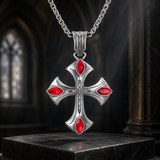 Vintage Red Zircon Cross Pendant Necklace, Religious Faith Men’s Necklace
