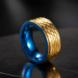 Two-Tone Hammered Titanium Steel Ring, Gold Exterior & Blue Inner Band, 8mm Wide Comfort Fit Wedding Band, Unique Promise Ring for Men