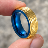 Two-Tone Hammered Titanium Steel Ring, Gold Exterior & Blue Inner Band, 8mm Wide Comfort Fit Wedding Band, Unique Promise Ring for Men