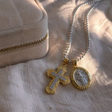 Gold-Tone Copper Zircon Cross & Miraculous Medal Double Pendant Necklace – Christian Faith Jewelry