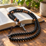 Black Stone & Wood Bead Crucifix Rosary Necklace – 70cm Christian Prayer Rosary