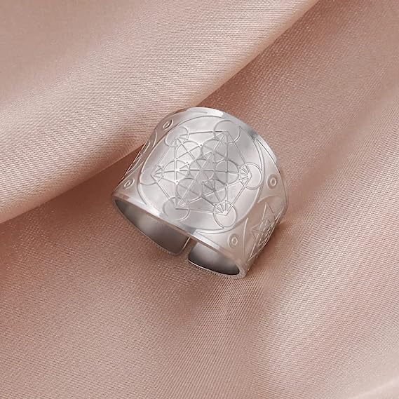 Amaxer Metatron’s Cube Ring for Men Stainless Steel Vintage Sacred Geometry Spiritual Protection Amulet Ring Statement Band for Men Women