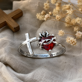 Sacred Heart of Jesus Thorn Flame Cross Adjustable Open Ring