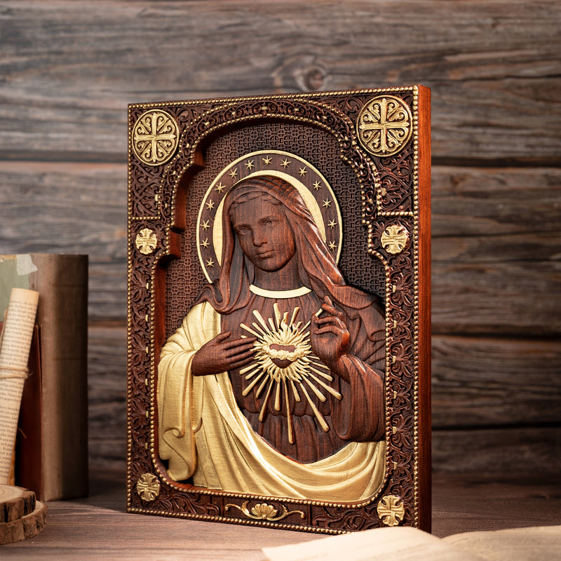 Our Lord Jesus Sacred Heart , Immaculate Heart of Mary Sacred Heart Wood Sculpture - For the FaithfulWood Carving