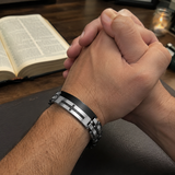 Two-Tone Black Silver Inlaid Black Crystal Cross Heavy Stainless Steel Link Bracelet