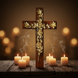 Hand-Carved Rose Cross Wall Art ✝️🌹 | Solid Beechwood Christian Decor with Golden Flowers