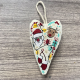 Hand-Embroidered Christmas Heart Ornaments - Reindeer/Gingerbread Man Design for Christmas Tree