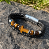 English Product Description for 21cm Stone Cross Leather Bracelet