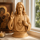 Hand-Carved Cypress Wood Sacred Heart of Jesus Statue – Christian Prayer & Home Devotional Decor