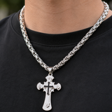 Heavy‑Duty Gothic CZ Inlay Cross Byzantine Chain Pendant Necklace