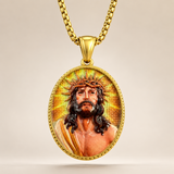 3D Embossed Enamel Crown of Thorns Jesus Oval Stainless Steel Necklace
