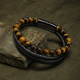 Triple Strand Natural Tiger Eye & Lava Rock Braided Leather Men’s Bracelet