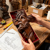 Handcrafted Beechwood Cross: Jesus with the Crown of Thorns