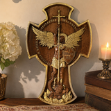 Hand-Carved Beechwood Archangel Michael Wall Cross – Quis Ut Deus Christian Home Decor