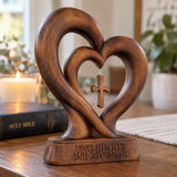 Handcrafted Beechwood Two Hearts One Covenant Cross Sculpture – Christian Wedding & Anniversary Gift