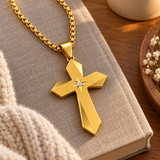 Faceted Eight Point North Star CZ Inlay Stainless Steel Cross Necklace