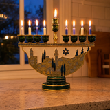 Jerusalem Skyline Hanukkah Menorah – Cloisonné Enamel Judaica Candle Holder