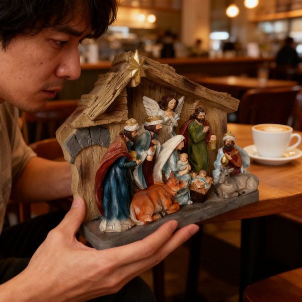 Hand-Painted Nativity Set, Vintage Holy Family Christmas Scene, Resin Manger Statue for Holiday Decor - Emmanuel "God With Us" Christmas Crèche