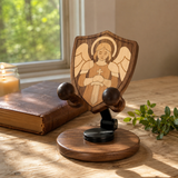 Black Walnut “Archangel Michael” Adjustable Phone Stand—A Faith-Inspired Wooden Desktop Stand