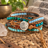 Multi-Layered Hand-Woven Natural Crystal Stone Leather Tree of Life Guardian Bracelet