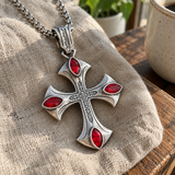 Vintage Red Zircon Cross Pendant Necklace, Religious Faith Men’s Necklace