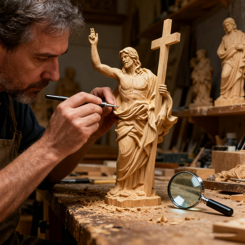 “He Is Risen” — Hand-Carved Boxwood Jesus Resurrection Statue | Symbol of Hope, Faith & New Life