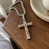 Artisan-Carved Copper Jesus Cross Pendant - Moissanite-Encrusted Hip Hop Religious Necklace