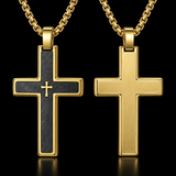 Two-Tone Bevel Edge Carbon Fiber Textured Inlaid Tiny Cross Stainless Steel Necklace