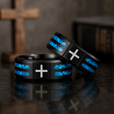 Black Polished Blue Opal Inlay Laser Engraved Cross Stainless Steel Ring