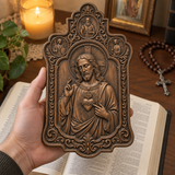 Sacred Heart of Jesus Hand-Carved Beechwood Plaque – Catholic Prayer, Home Blessing & Faith Gift