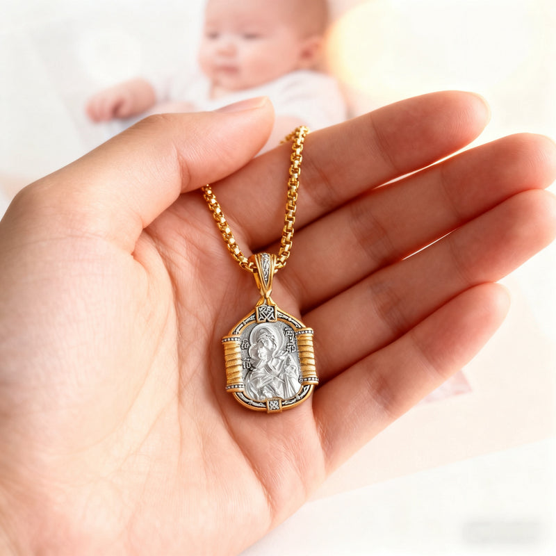 Handmade S925K Silver Madonna Holding Child Necklace