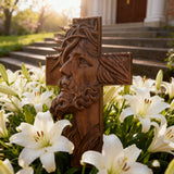 Handcrafted Beechwood Cross: Jesus with the Crown of Thorns