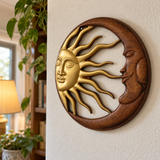 Hand-Carved Sun and Moon Wooden Wall Decor – Gold & Rustic Brown Celestial Wall Hanging