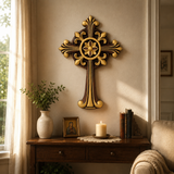 Hand-Carved Beechwood Ornate Cross – Gold Accented Christian Wall Cross