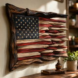 Hand-Carved Solid Wood American Flag Wall Art – Rustic Patriotic Home Decor & Veteran Gift