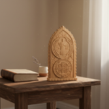 Hand-Carved Beechwood St. Benedict Medal Desktop Ornament