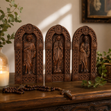 Holy Family Jesus Mary Joseph Arched Wooden Statue Set Tabletop Display
