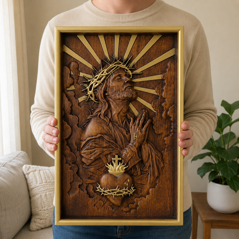 Hand-painted gold Sacred Heart of Jesus wall plaque