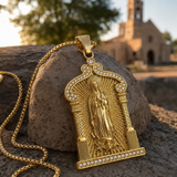 Our Lady of Guadalupe Temple‑Style Rhinestone Inlaid Stainless Steel Necklace