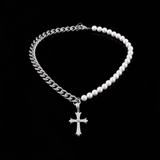 Cuban Chain Panel Pearl Cross Necklace