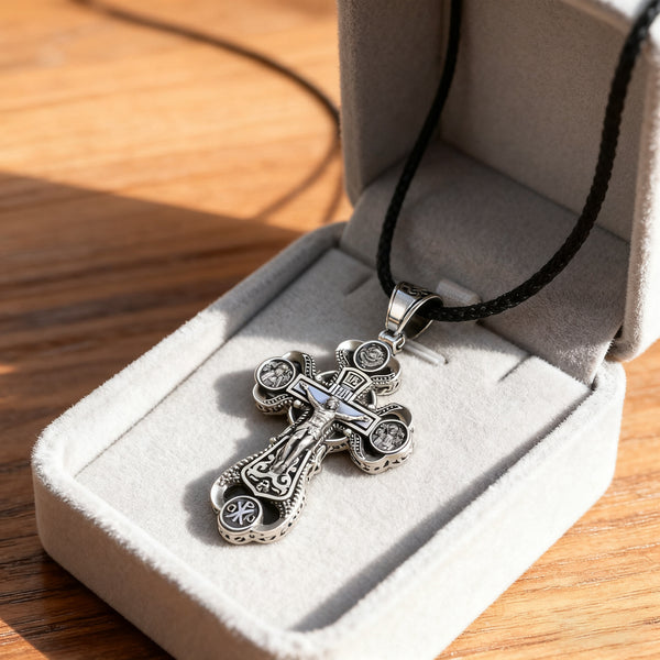 Jesus Virgin Mary Trinity Double Sided Engraved S925K Silver Cross Necklace