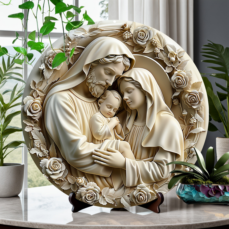 Christian Holy Family Relief Decorative Plaque - 8 Inch / 12 Inch Aluminum Waterproof Religious Wall Art (with Mounting Accessories)