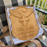 God Bless America Wooden Wall Plaque – Hand-Carved Beechwood Eagle Cross Decor, 1776–2026 250th Anniversary