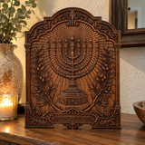 Hand-Carved Beech Wood Menorah & Olive Tree Plaque – Jewish Faith Home Décor